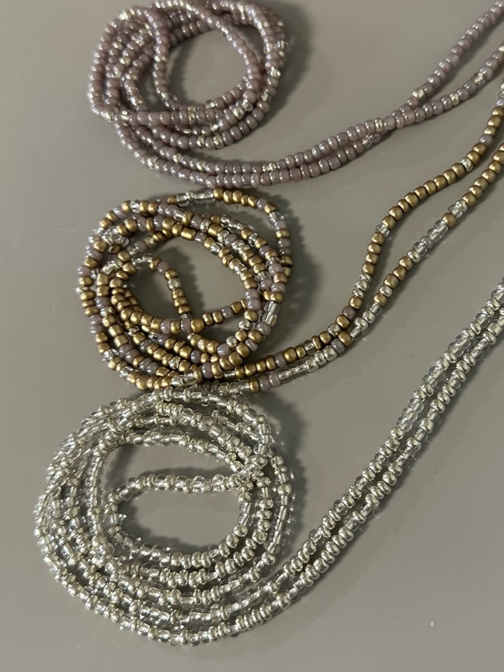 3 pcs Multi-Color Waist Bead Set - Silver, Gold, Taupe